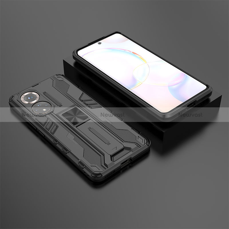 Silicone Matte Finish and Plastic Back Cover Case with Magnetic Stand KC1 for Huawei Nova 9 Black