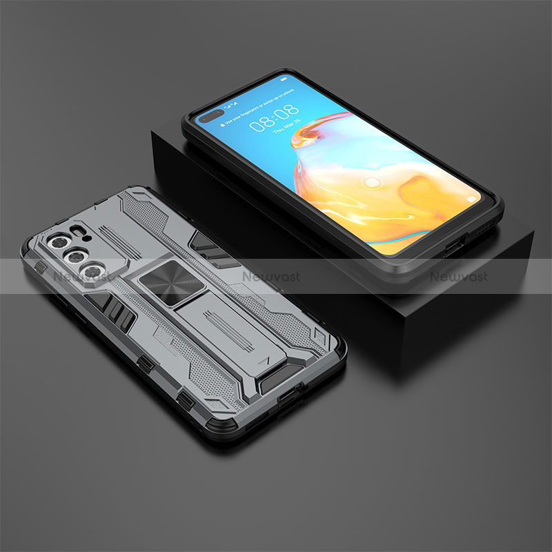 Silicone Matte Finish and Plastic Back Cover Case with Magnetic Stand KC1 for Huawei P40 Gray