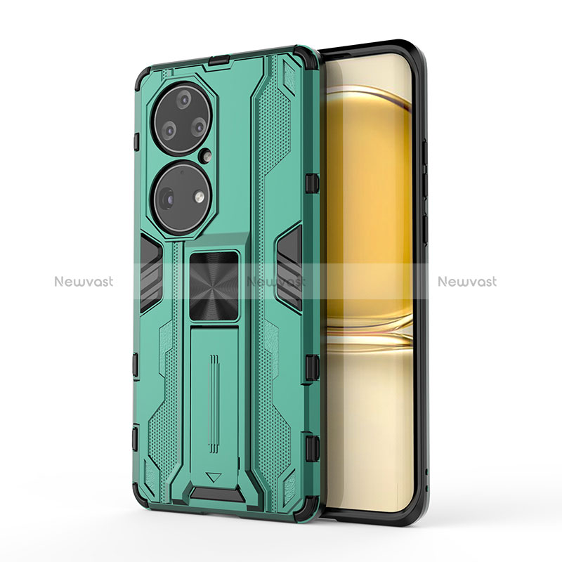 Silicone Matte Finish and Plastic Back Cover Case with Magnetic Stand KC1 for Huawei P50 Green