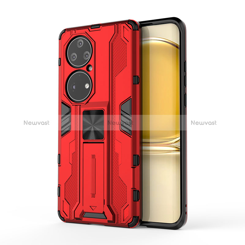 Silicone Matte Finish and Plastic Back Cover Case with Magnetic Stand KC1 for Huawei P50 Pro Red