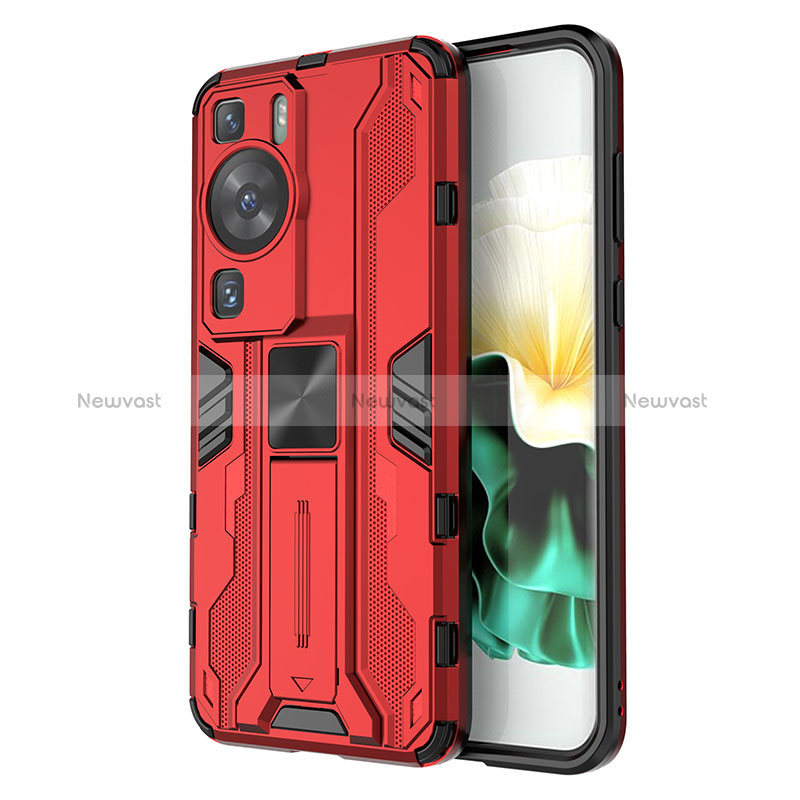 Silicone Matte Finish and Plastic Back Cover Case with Magnetic Stand KC1 for Huawei P60 Pro Red