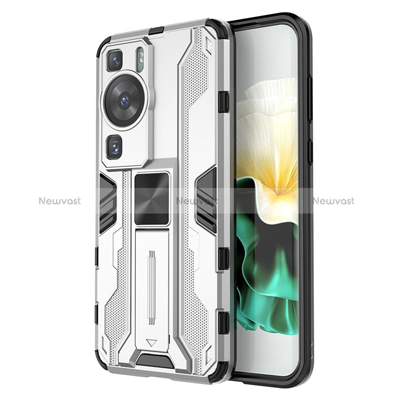 Silicone Matte Finish and Plastic Back Cover Case with Magnetic Stand KC1 for Huawei P60 Pro Silver