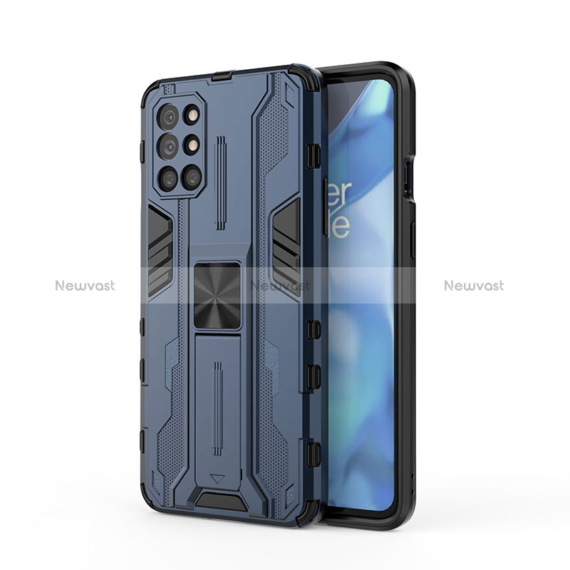 Silicone Matte Finish and Plastic Back Cover Case with Magnetic Stand KC1 for OnePlus 9R 5G Blue