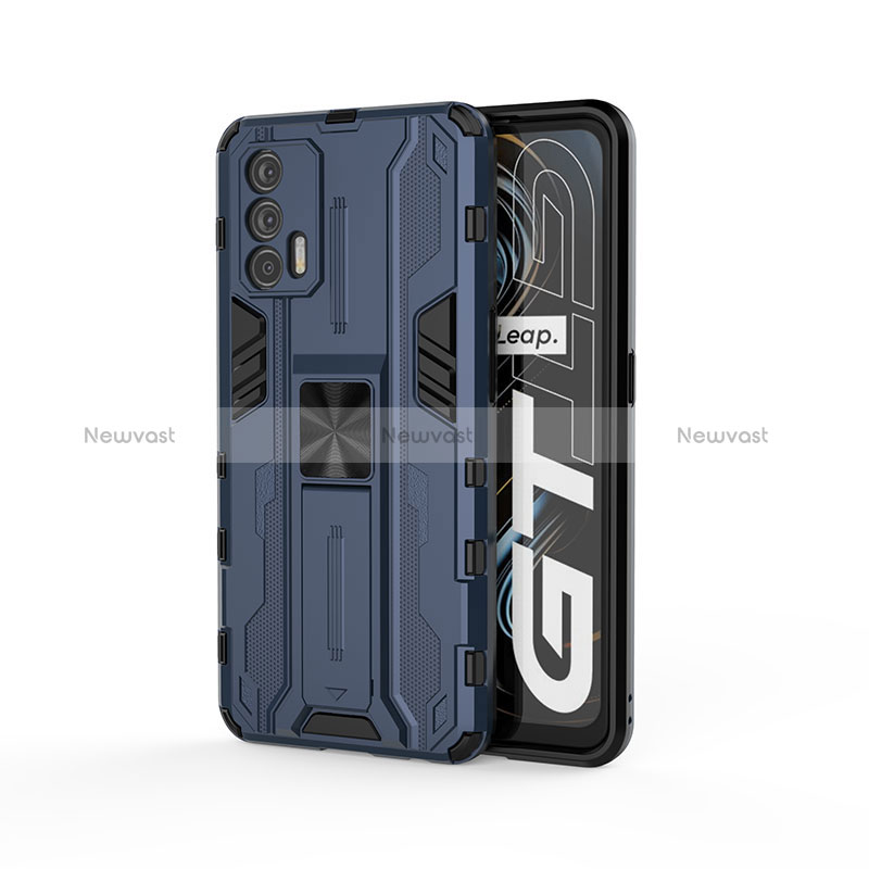 Silicone Matte Finish and Plastic Back Cover Case with Magnetic Stand KC1 for Realme GT 5G Blue