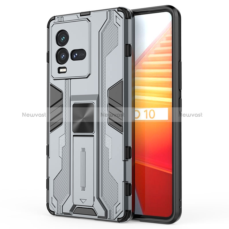 Silicone Matte Finish and Plastic Back Cover Case with Magnetic Stand KC1 for Vivo iQOO 9T 5G Gray