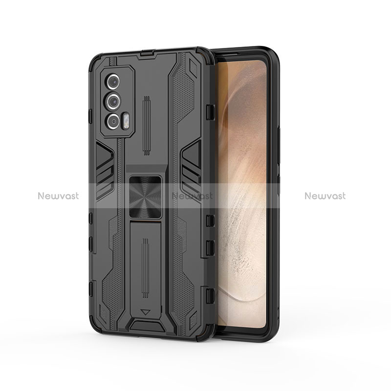 Silicone Matte Finish and Plastic Back Cover Case with Magnetic Stand KC1 for Vivo iQOO Neo5 5G Black