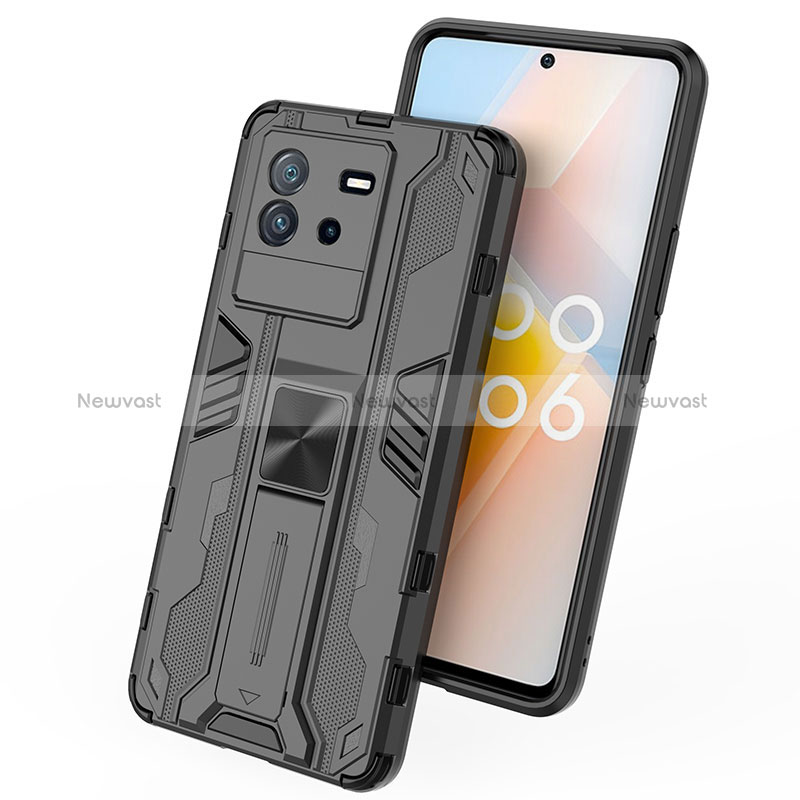 Silicone Matte Finish and Plastic Back Cover Case with Magnetic Stand KC1 for Vivo iQOO Neo6 SE 5G