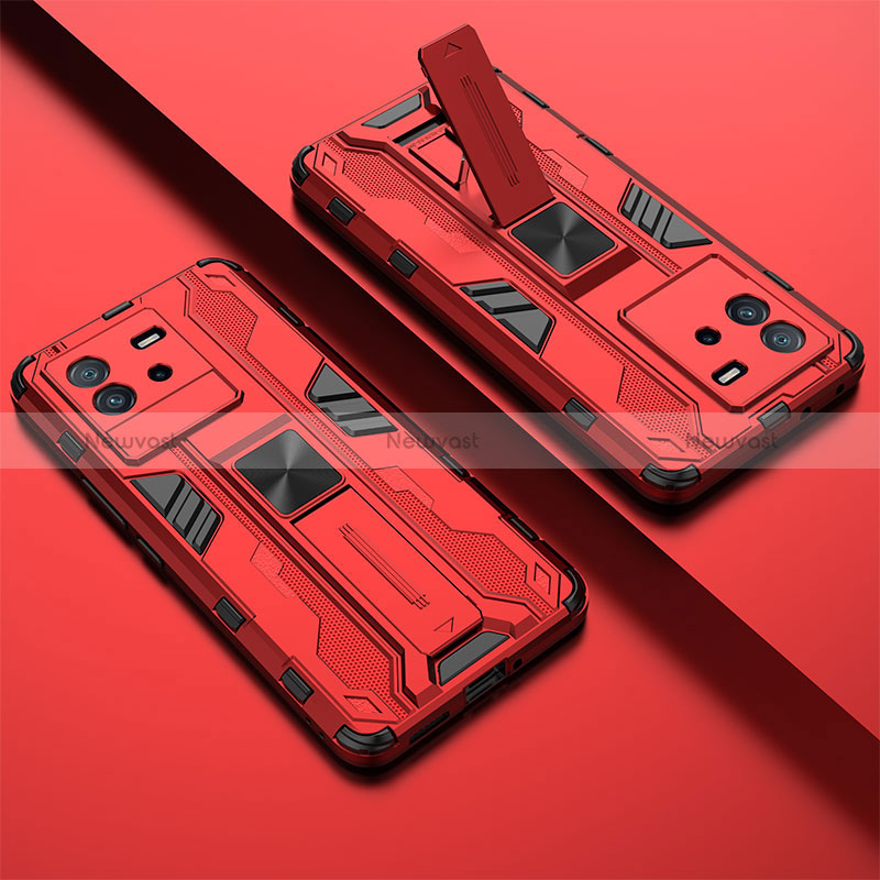 Silicone Matte Finish and Plastic Back Cover Case with Magnetic Stand KC1 for Vivo iQOO Neo6 SE 5G Red