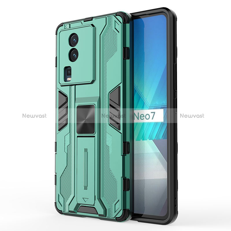 Silicone Matte Finish and Plastic Back Cover Case with Magnetic Stand KC1 for Vivo iQOO Neo7 5G Green