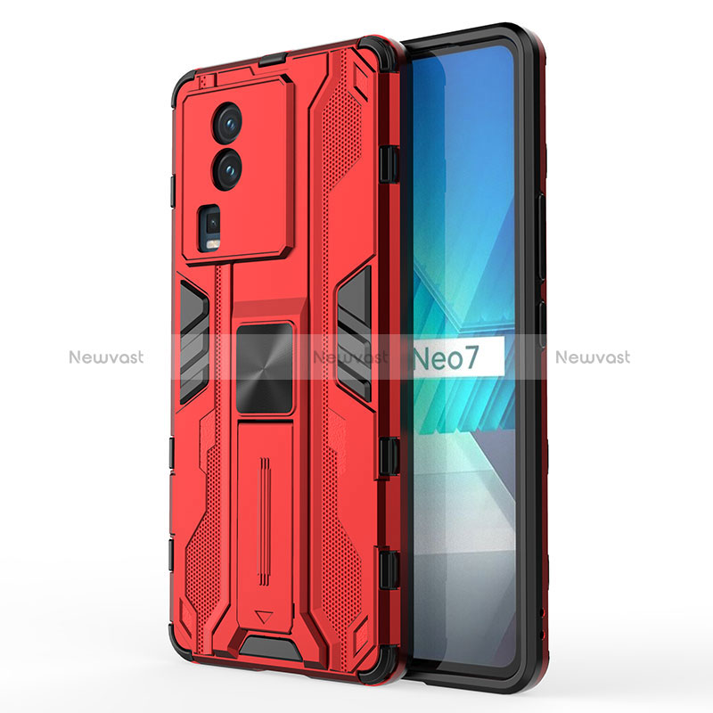 Silicone Matte Finish and Plastic Back Cover Case with Magnetic Stand KC1 for Vivo iQOO Neo7 5G Red