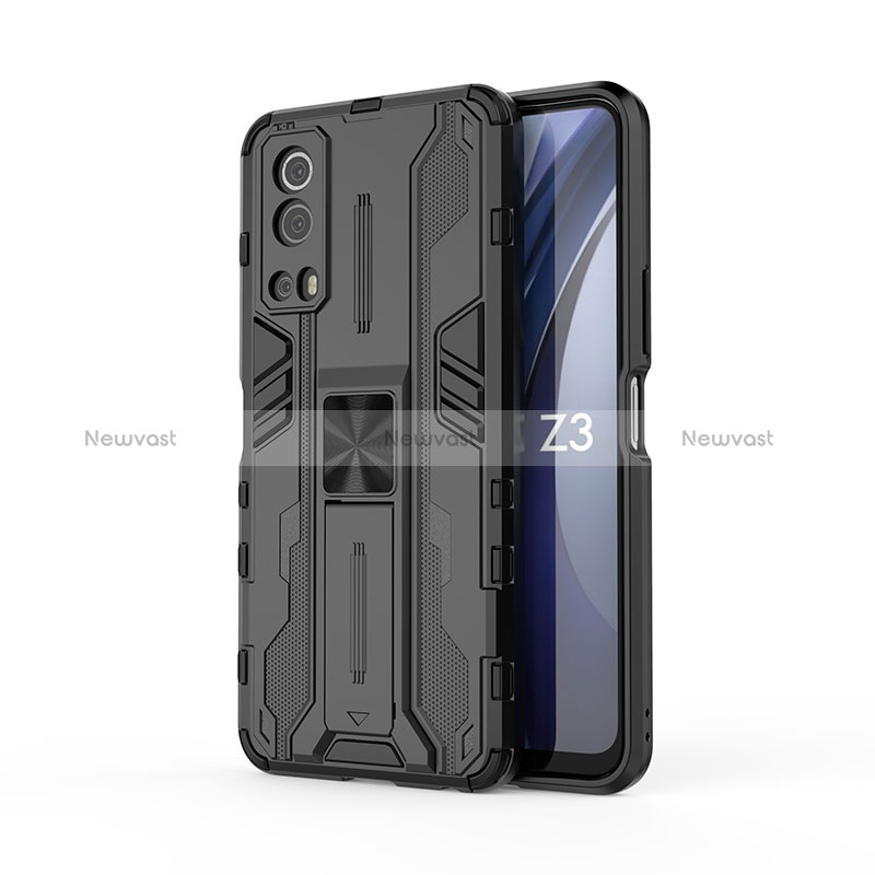 Silicone Matte Finish and Plastic Back Cover Case with Magnetic Stand KC1 for Vivo iQOO Z3 5G Black