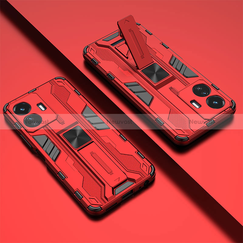 Silicone Matte Finish and Plastic Back Cover Case with Magnetic Stand KC1 for Vivo iQOO Z6 Lite 5G Red