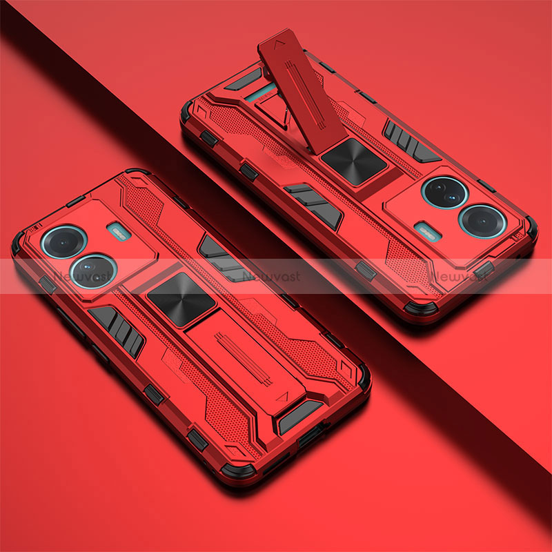 Silicone Matte Finish and Plastic Back Cover Case with Magnetic Stand KC1 for Vivo T1 Pro 5G Red