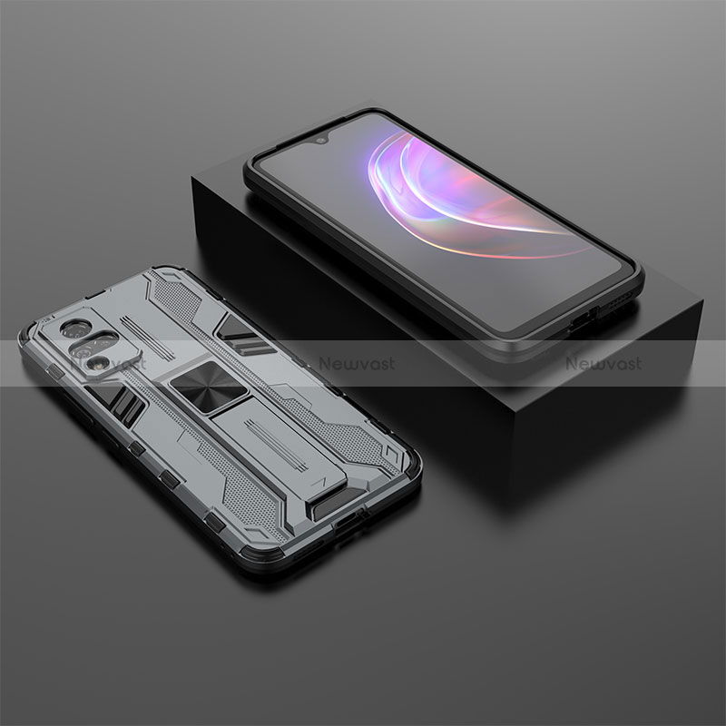 Silicone Matte Finish and Plastic Back Cover Case with Magnetic Stand KC1 for Vivo V21 5G Gray