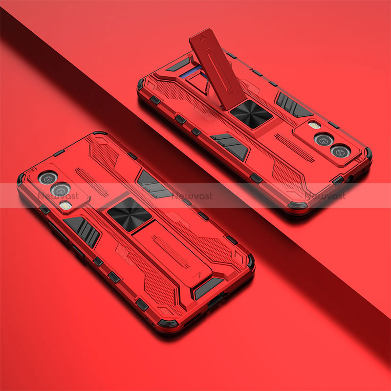 Silicone Matte Finish and Plastic Back Cover Case with Magnetic Stand KC1 for Vivo V21e 5G Red