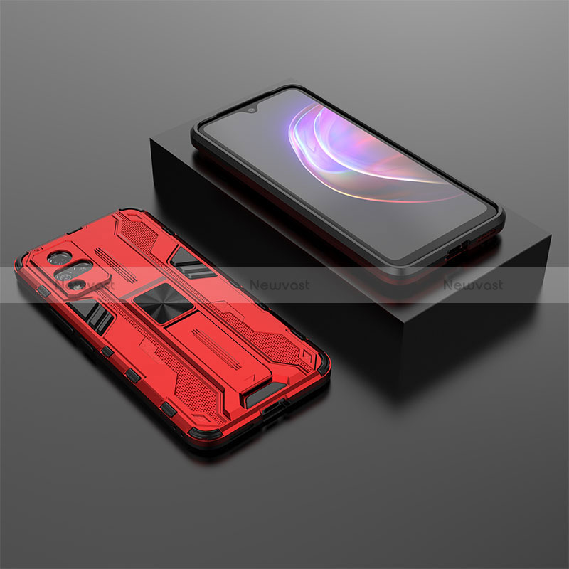 Silicone Matte Finish and Plastic Back Cover Case with Magnetic Stand KC1 for Vivo V21s 5G Red