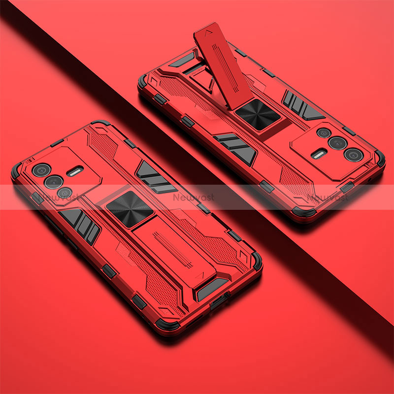 Silicone Matte Finish and Plastic Back Cover Case with Magnetic Stand KC1 for Vivo V23 Pro 5G Red