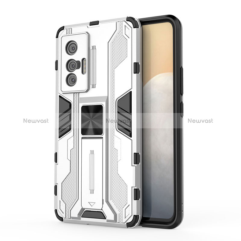 Silicone Matte Finish and Plastic Back Cover Case with Magnetic Stand KC1 for Vivo X70t Silver