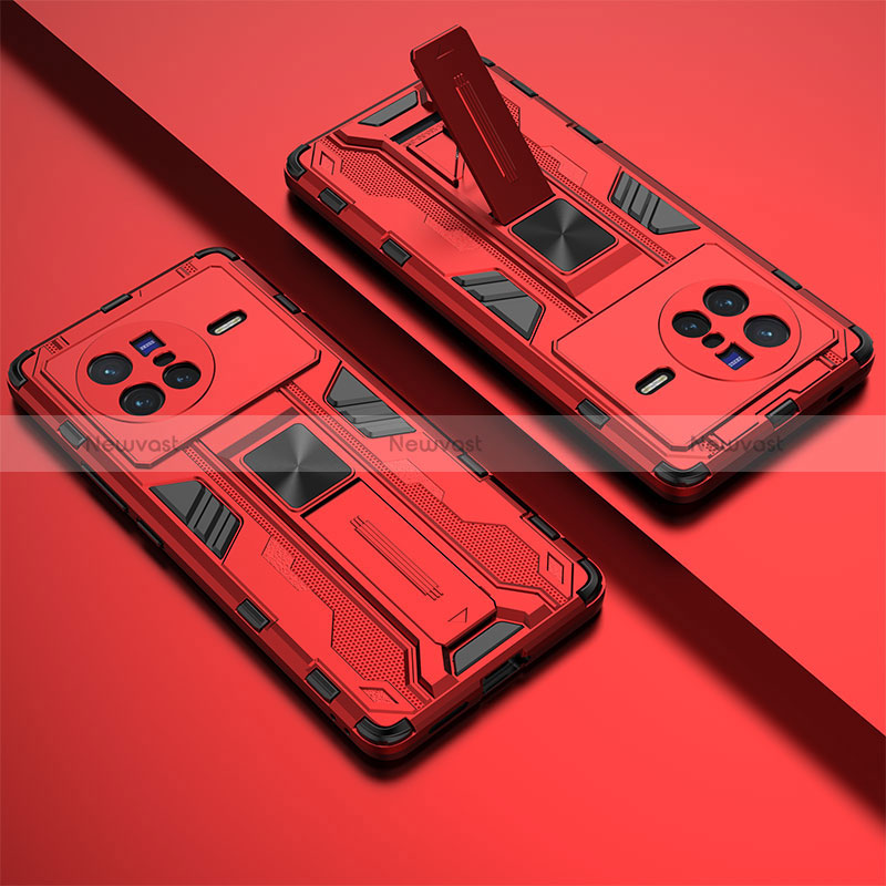 Silicone Matte Finish and Plastic Back Cover Case with Magnetic Stand KC1 for Vivo X80 5G Red