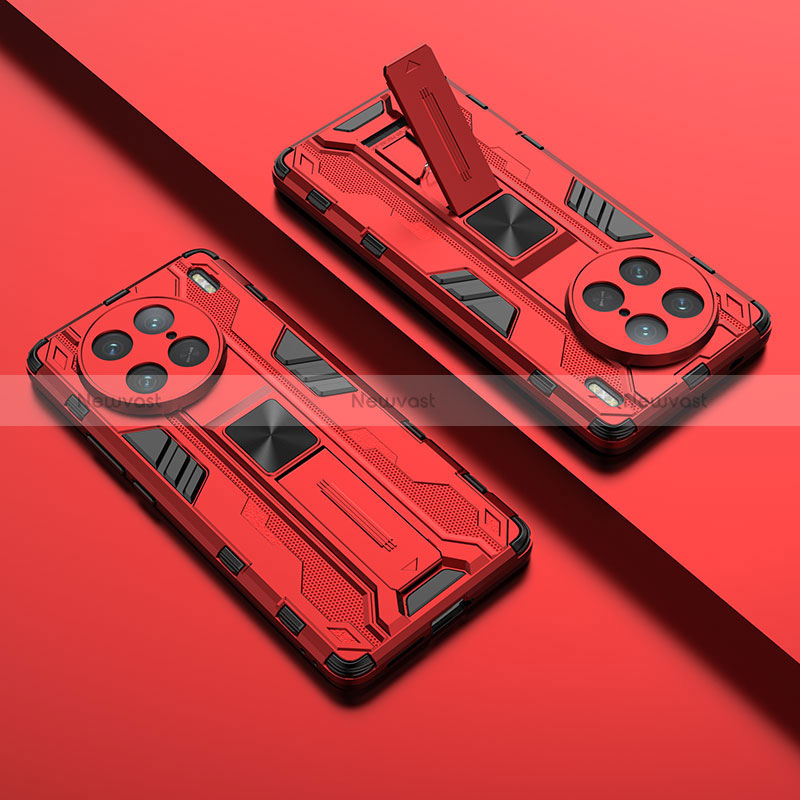 Silicone Matte Finish and Plastic Back Cover Case with Magnetic Stand KC1 for Vivo X90 Pro 5G Red