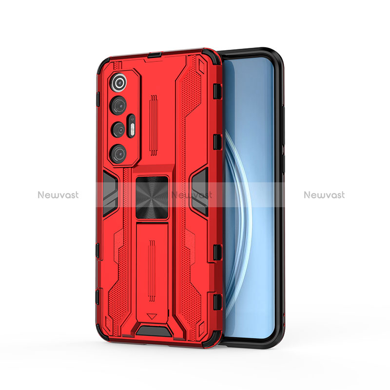 Silicone Matte Finish and Plastic Back Cover Case with Magnetic Stand KC1 for Xiaomi Mi 10S 5G Red