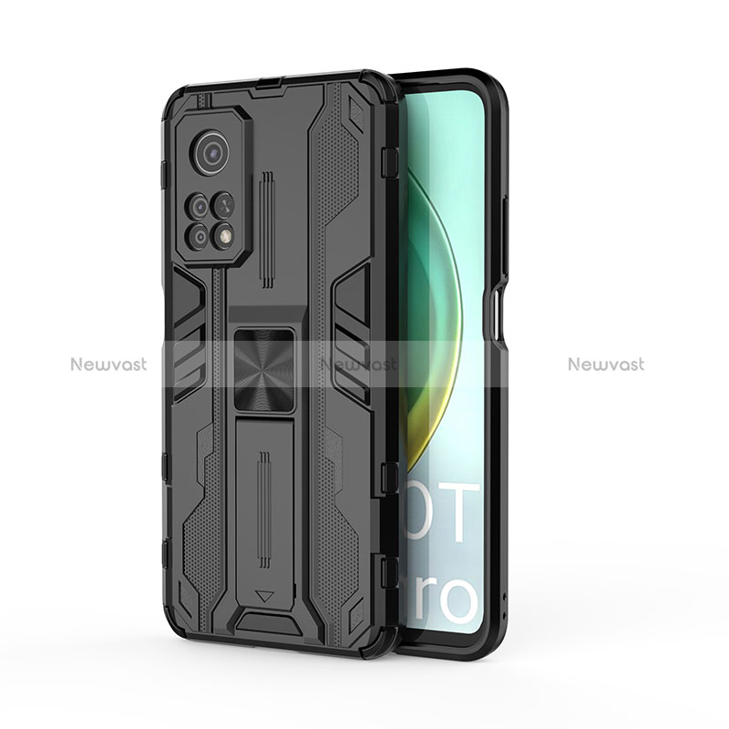 Silicone Matte Finish and Plastic Back Cover Case with Magnetic Stand KC1 for Xiaomi Mi 10T 5G Black