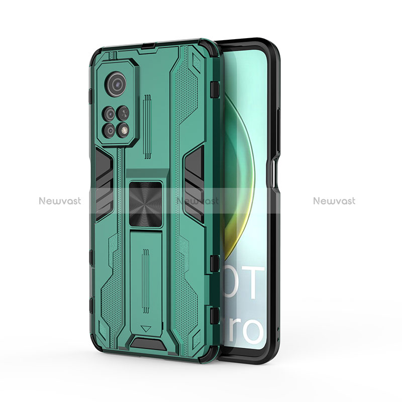 Silicone Matte Finish and Plastic Back Cover Case with Magnetic Stand KC1 for Xiaomi Mi 10T 5G Green