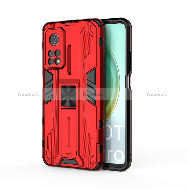 Silicone Matte Finish and Plastic Back Cover Case with Magnetic Stand KC1 for Xiaomi Mi 10T 5G Red