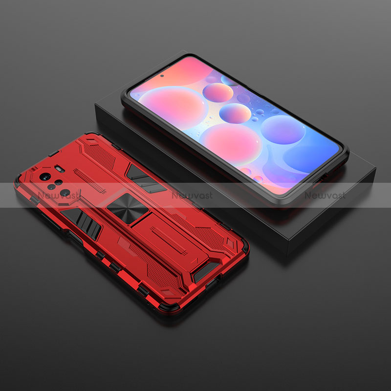 Silicone Matte Finish and Plastic Back Cover Case with Magnetic Stand KC1 for Xiaomi Mi 11i 5G Red
