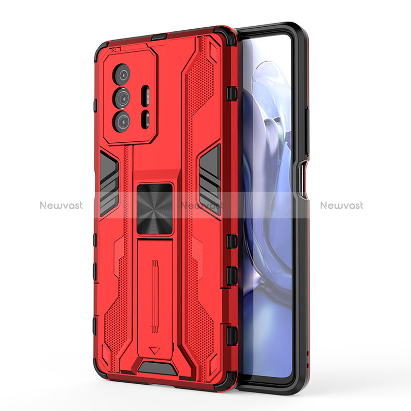 Silicone Matte Finish and Plastic Back Cover Case with Magnetic Stand KC1 for Xiaomi Mi 11T 5G Red