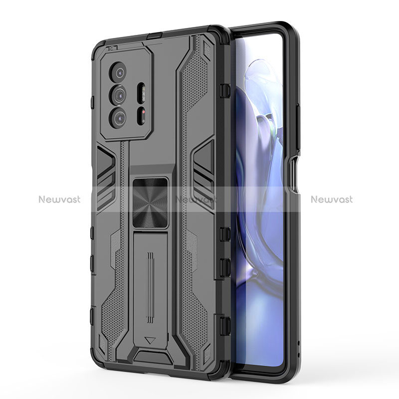 Silicone Matte Finish and Plastic Back Cover Case with Magnetic Stand KC1 for Xiaomi Mi 11T Pro 5G Black