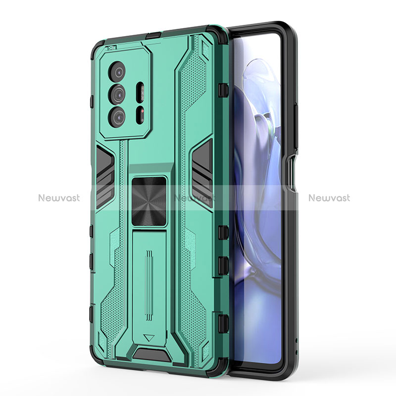 Silicone Matte Finish and Plastic Back Cover Case with Magnetic Stand KC1 for Xiaomi Mi 11T Pro 5G Green