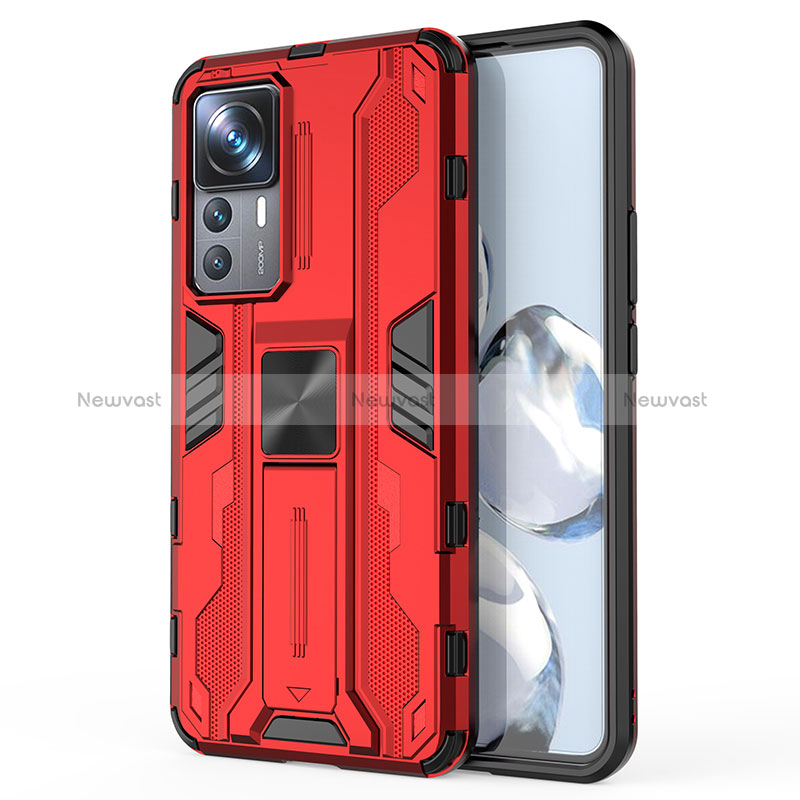 Silicone Matte Finish and Plastic Back Cover Case with Magnetic Stand KC1 for Xiaomi Mi 12T 5G Red