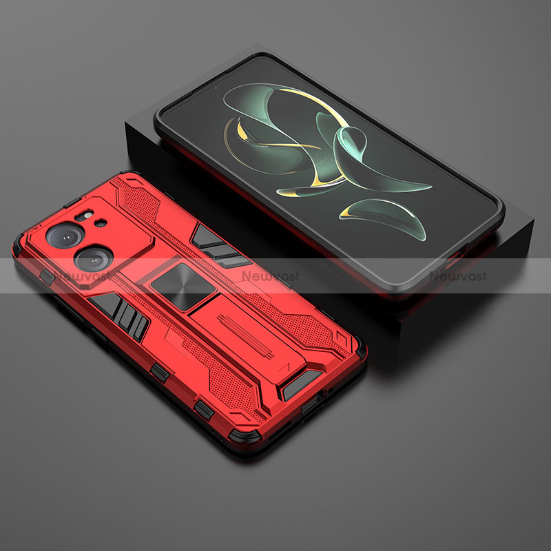 Silicone Matte Finish and Plastic Back Cover Case with Magnetic Stand KC1 for Xiaomi Mi 13T 5G Red