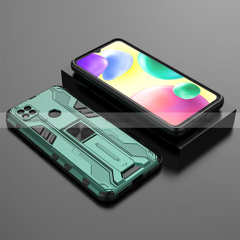 Silicone Matte Finish and Plastic Back Cover Case with Magnetic Stand KC1 for Xiaomi POCO C3 Green