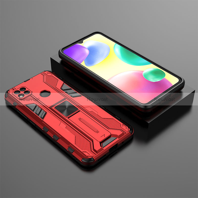 Silicone Matte Finish and Plastic Back Cover Case with Magnetic Stand KC1 for Xiaomi POCO C3 Red