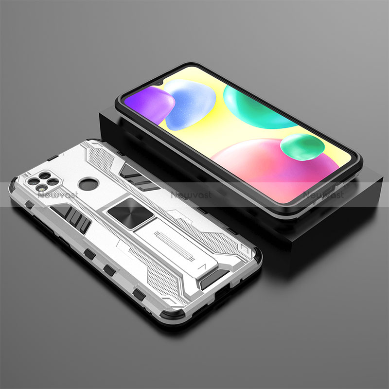 Silicone Matte Finish and Plastic Back Cover Case with Magnetic Stand KC1 for Xiaomi POCO C3 Silver