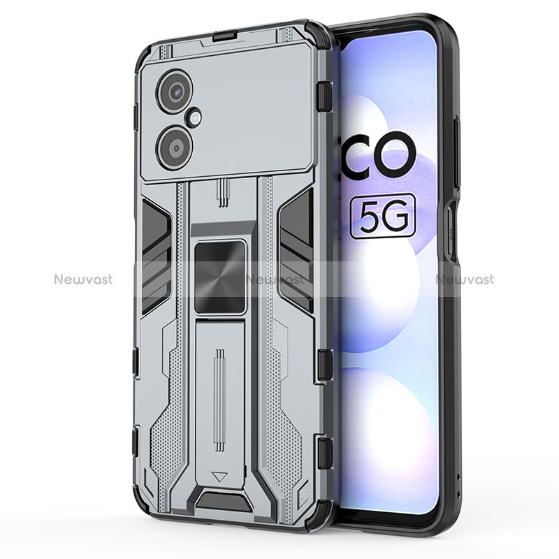 Silicone Matte Finish and Plastic Back Cover Case with Magnetic Stand KC1 for Xiaomi Poco M4 5G Gray