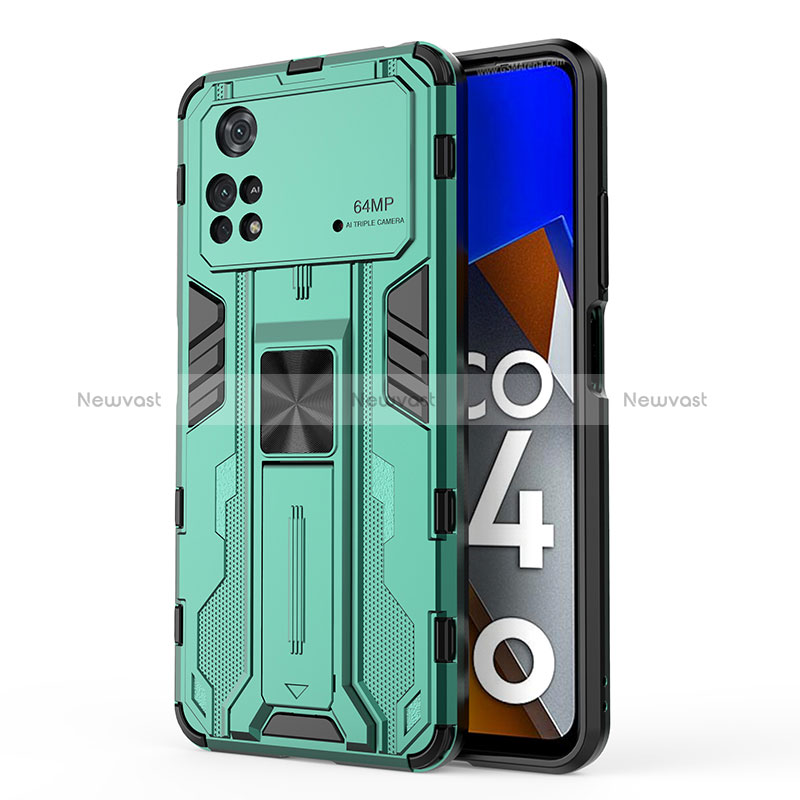 Silicone Matte Finish and Plastic Back Cover Case with Magnetic Stand KC1 for Xiaomi Poco M4 Pro 4G Green