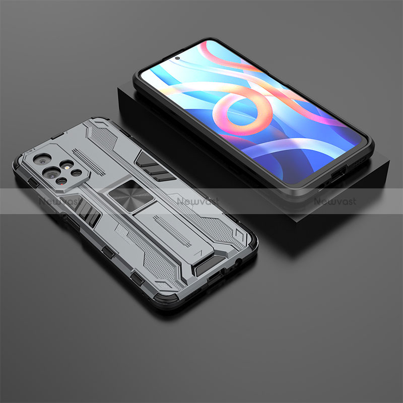 Silicone Matte Finish and Plastic Back Cover Case with Magnetic Stand KC1 for Xiaomi Poco M4 Pro 5G Gray