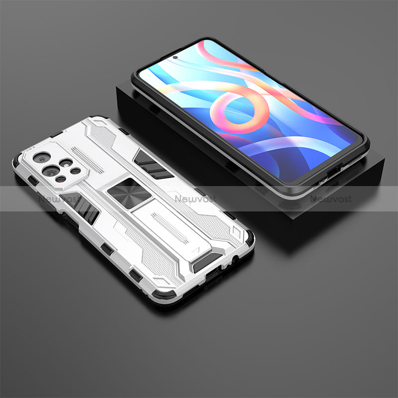 Silicone Matte Finish and Plastic Back Cover Case with Magnetic Stand KC1 for Xiaomi Poco M4 Pro 5G Silver