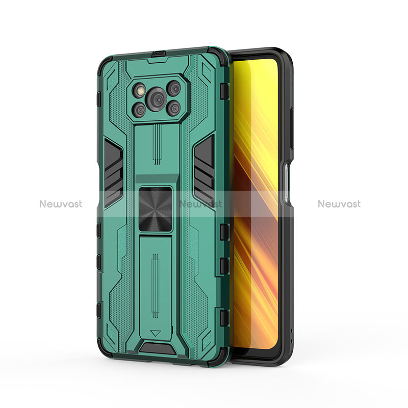 Silicone Matte Finish and Plastic Back Cover Case with Magnetic Stand KC1 for Xiaomi Poco X3 NFC Green