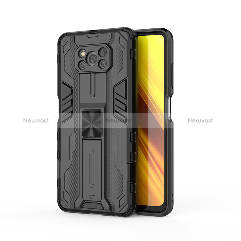Silicone Matte Finish and Plastic Back Cover Case with Magnetic Stand KC1 for Xiaomi Poco X3 Pro Black