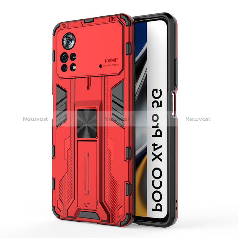 Silicone Matte Finish and Plastic Back Cover Case with Magnetic Stand KC1 for Xiaomi Poco X4 Pro 5G Red