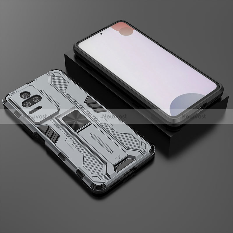 Silicone Matte Finish and Plastic Back Cover Case with Magnetic Stand KC1 for Xiaomi Redmi K50 5G Gray