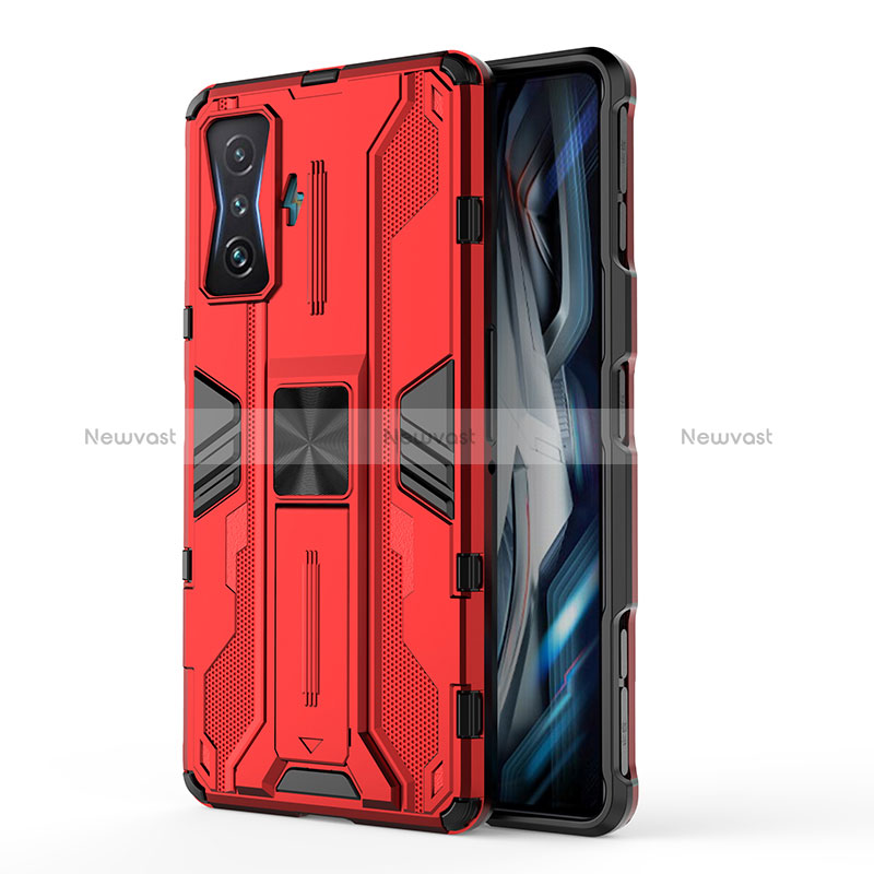 Silicone Matte Finish and Plastic Back Cover Case with Magnetic Stand KC1 for Xiaomi Redmi K50 Gaming AMG F1 5G Red