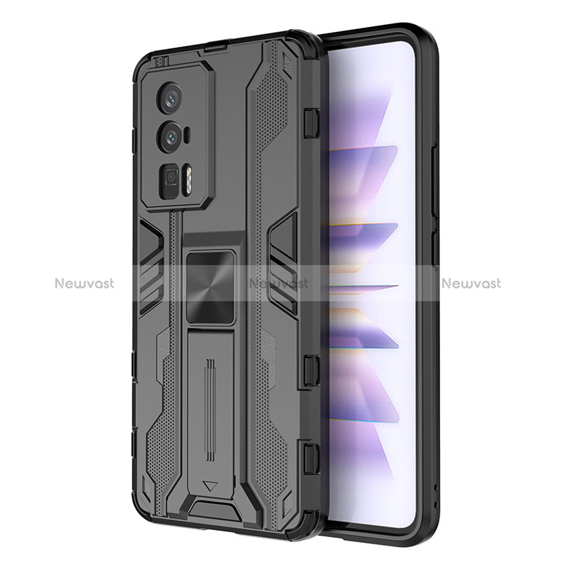 Silicone Matte Finish and Plastic Back Cover Case with Magnetic Stand KC1 for Xiaomi Redmi K60 Pro 5G Black