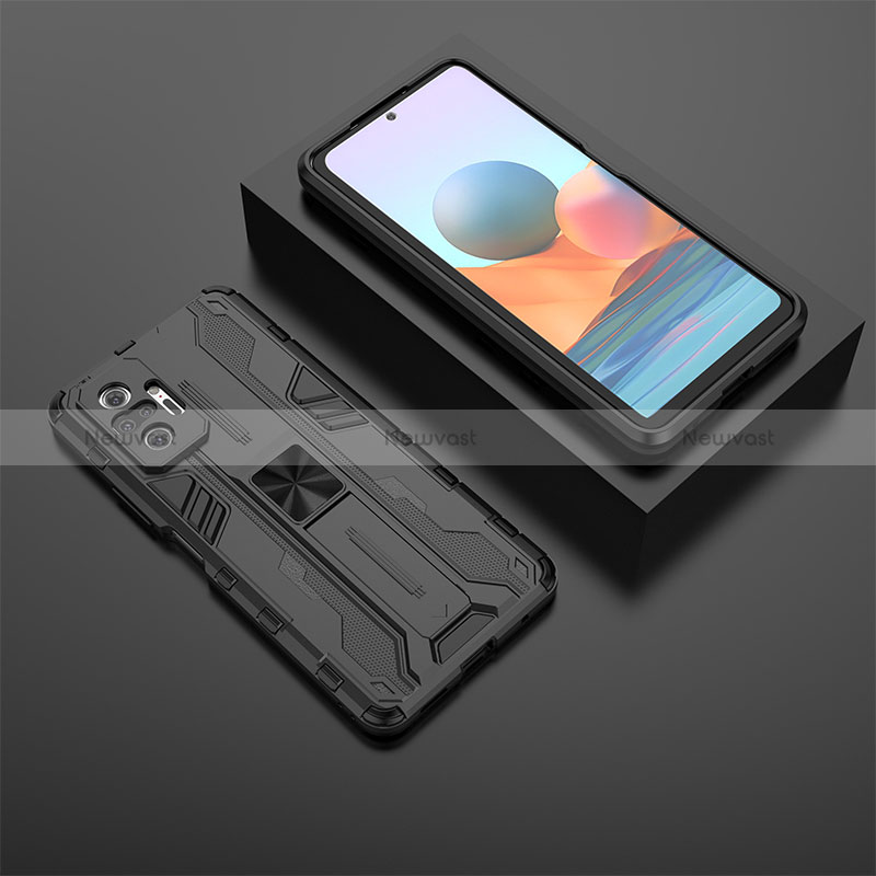 Silicone Matte Finish and Plastic Back Cover Case with Magnetic Stand KC1 for Xiaomi Redmi Note 10 Pro 4G Black