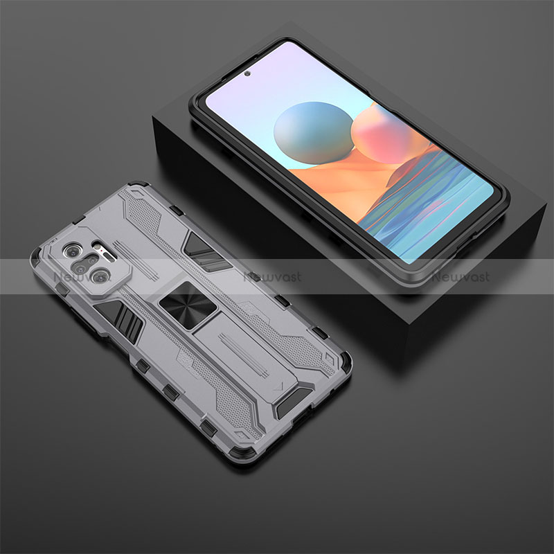 Silicone Matte Finish and Plastic Back Cover Case with Magnetic Stand KC1 for Xiaomi Redmi Note 10 Pro 4G Gray