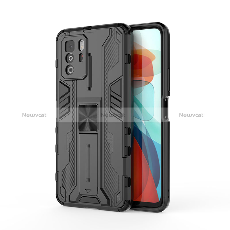 Silicone Matte Finish and Plastic Back Cover Case with Magnetic Stand KC1 for Xiaomi Redmi Note 10 Pro 5G Black